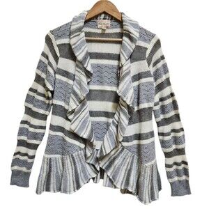 Miss Guided Gray Stripe Knit Cardigan Sweater Peplum Ruffle Women XL Pointelle